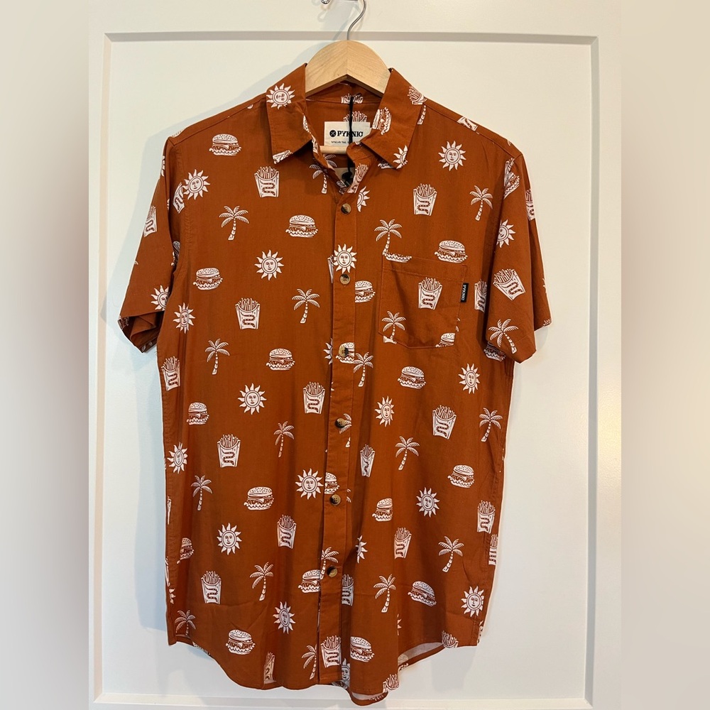 NWT Pyknic Take It Greasy Button-Up Shirt Novelty Camp Summer Brown White Unisex - Picture 3 of 10